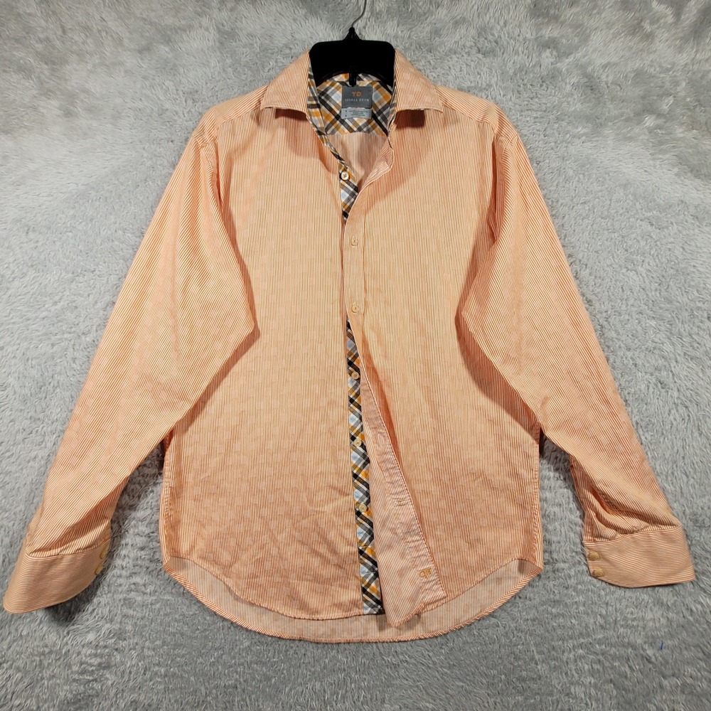 Thomas Dean Shirt Mens Medium Orange White Striped Plaid Trim Pima Cotton Button